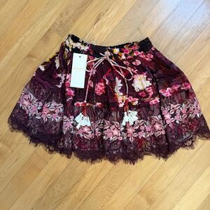 NWT Rococo Sand Mini Skirt Maroon Floral Embroidered Lace Small